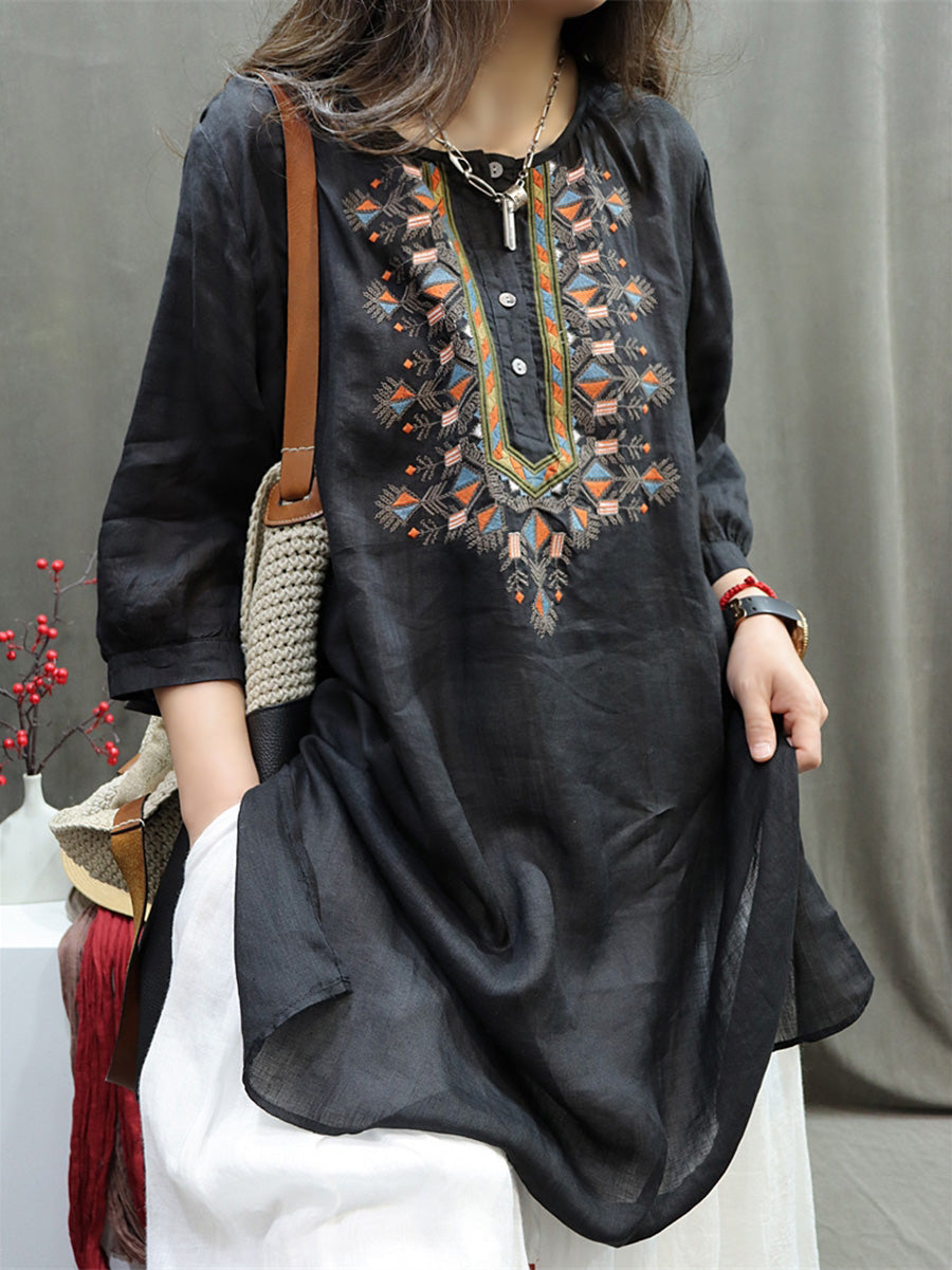 Women Summer Retro Embroidery O-Neck Ramie Shirt BN1037