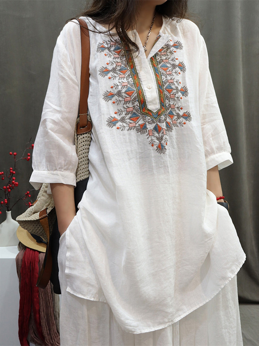 Women Summer Retro Embroidery O-Neck Ramie Shirt BN1037