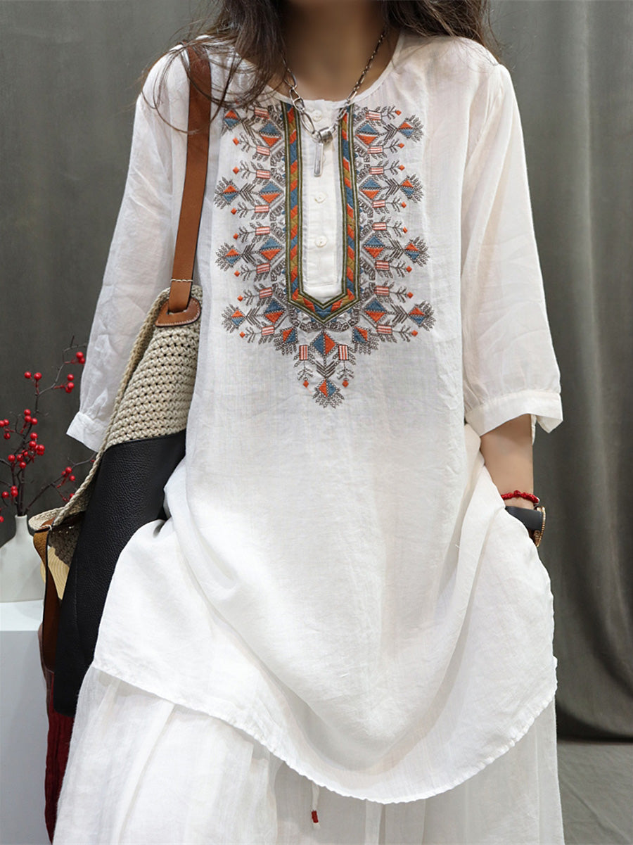 Women Summer Retro Embroidery O-Neck Ramie Shirt BN1037