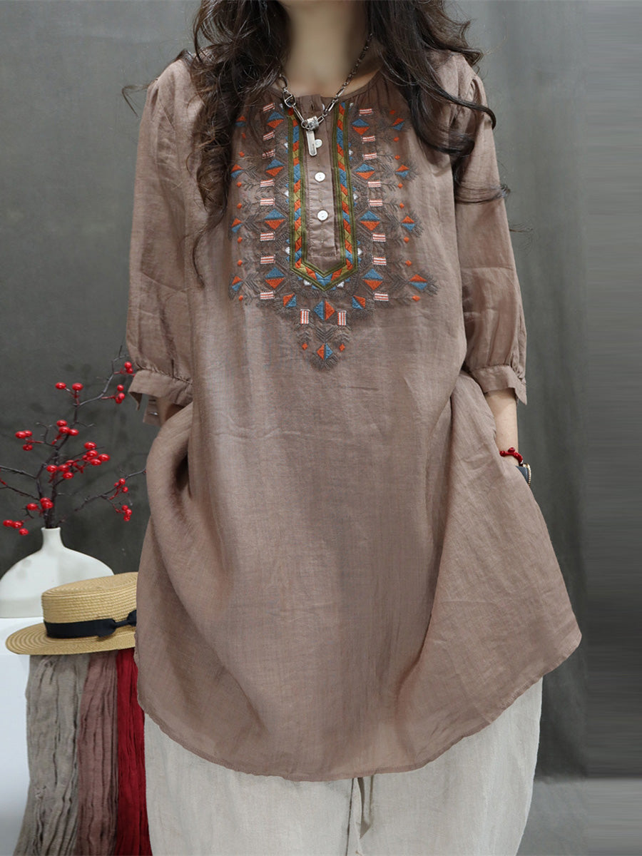 Women Summer Retro Embroidery O-Neck Ramie Shirt BN1037