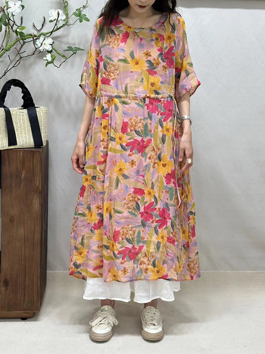 Women Summer Artsy Floral Strap O-Neck Ramie Dress CV1041