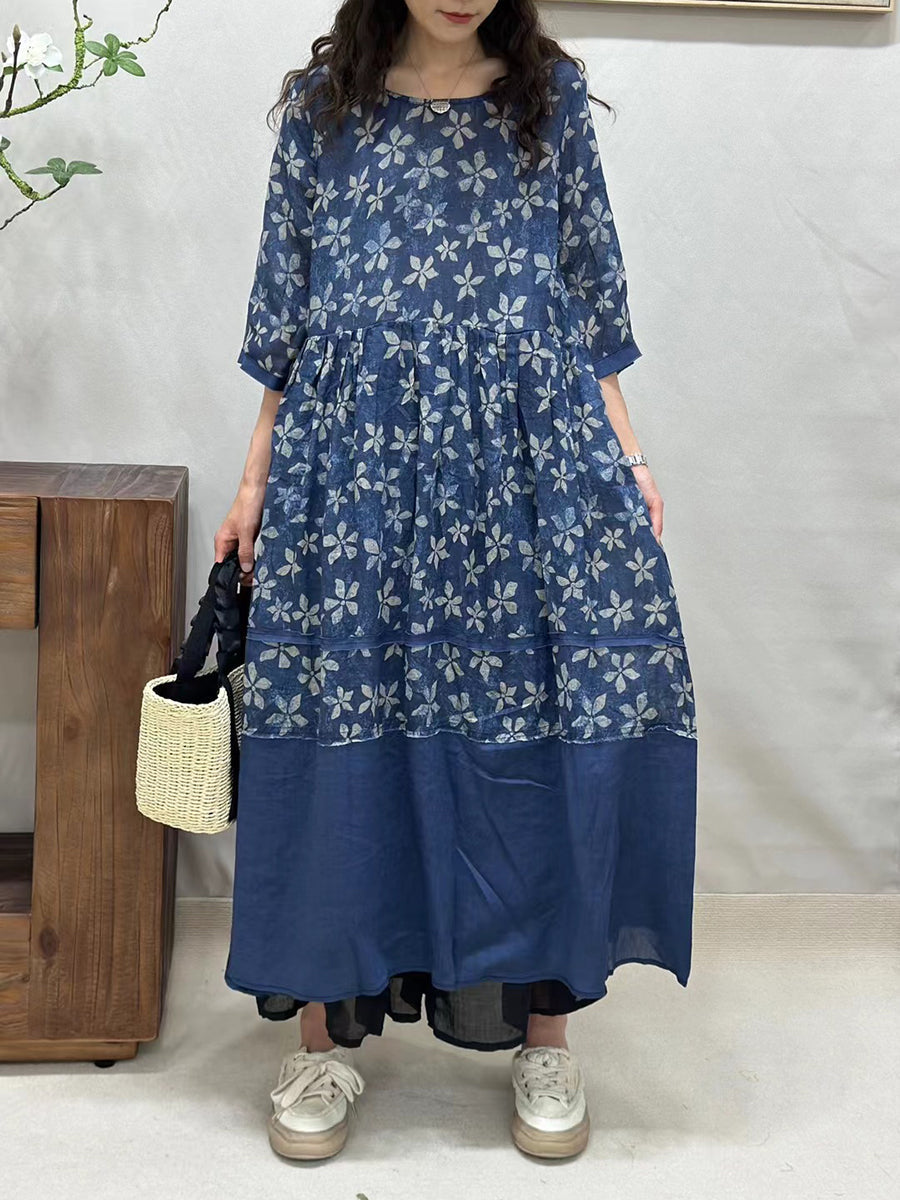 Women Summer Vintage Flower Spliced Ramie Dress CV1043