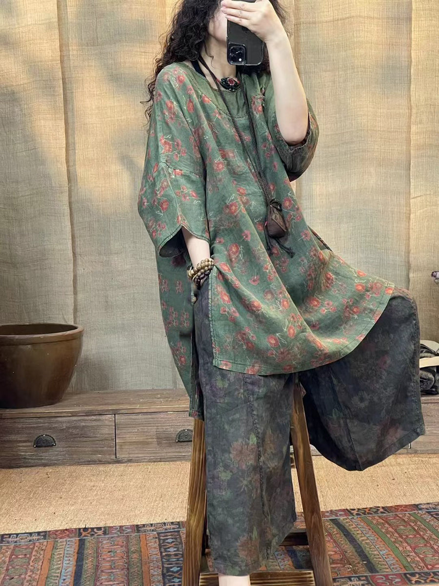 Women Summer Vintage Print Spliced Loose Linen Shirt CV1046