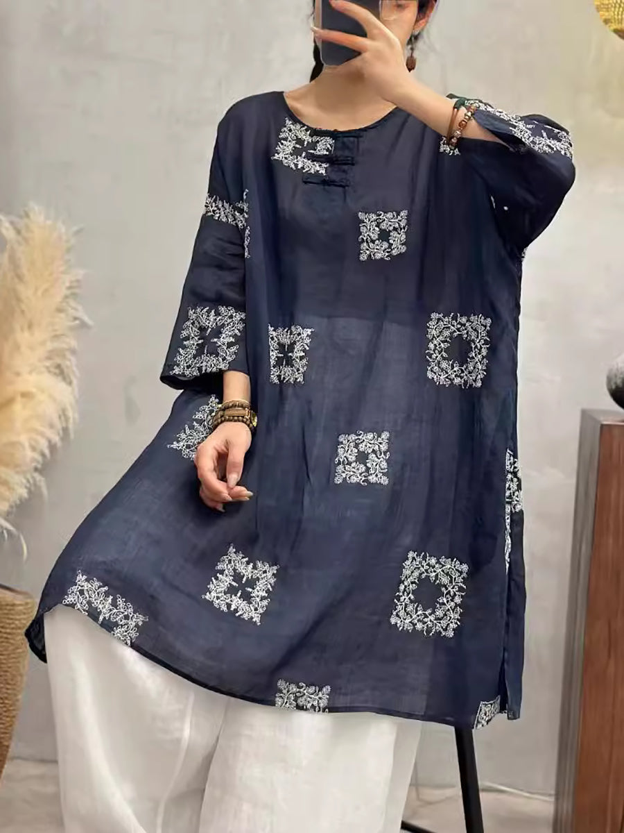 Women Summer Vintage Embroidery Long Ramie Shirt CV1051