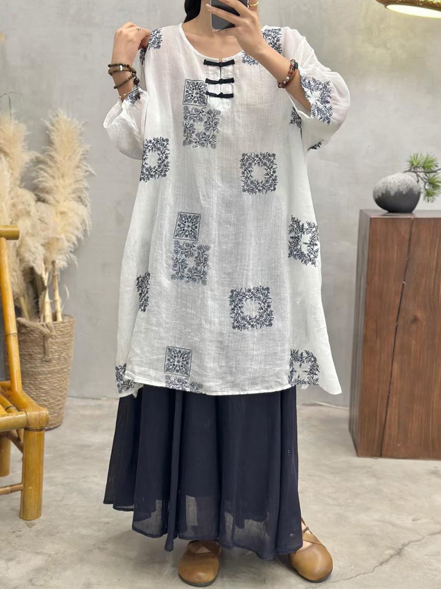 Women Summer Vintage Embroidery Long Ramie Shirt CV1051