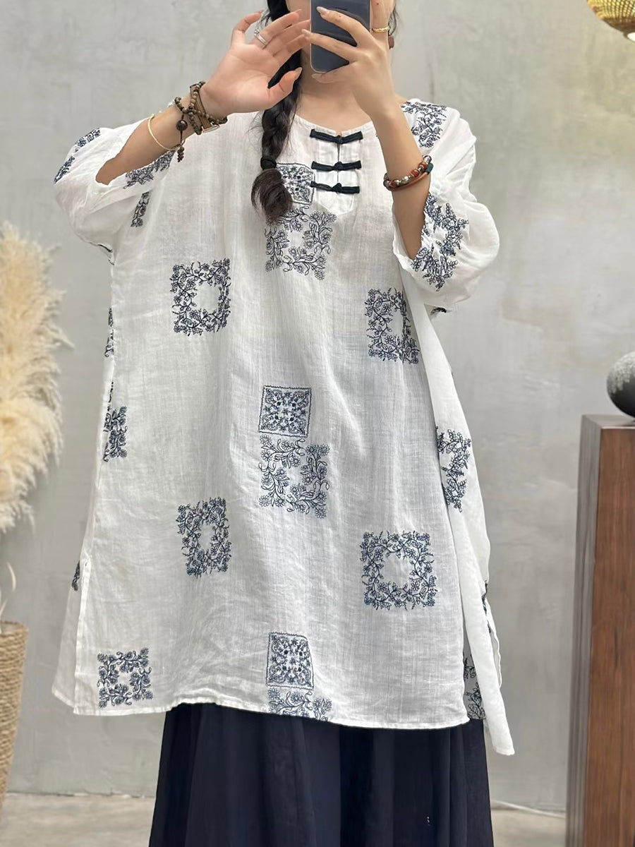 Women Summer Vintage Embroidery Long Ramie Shirt CV1051