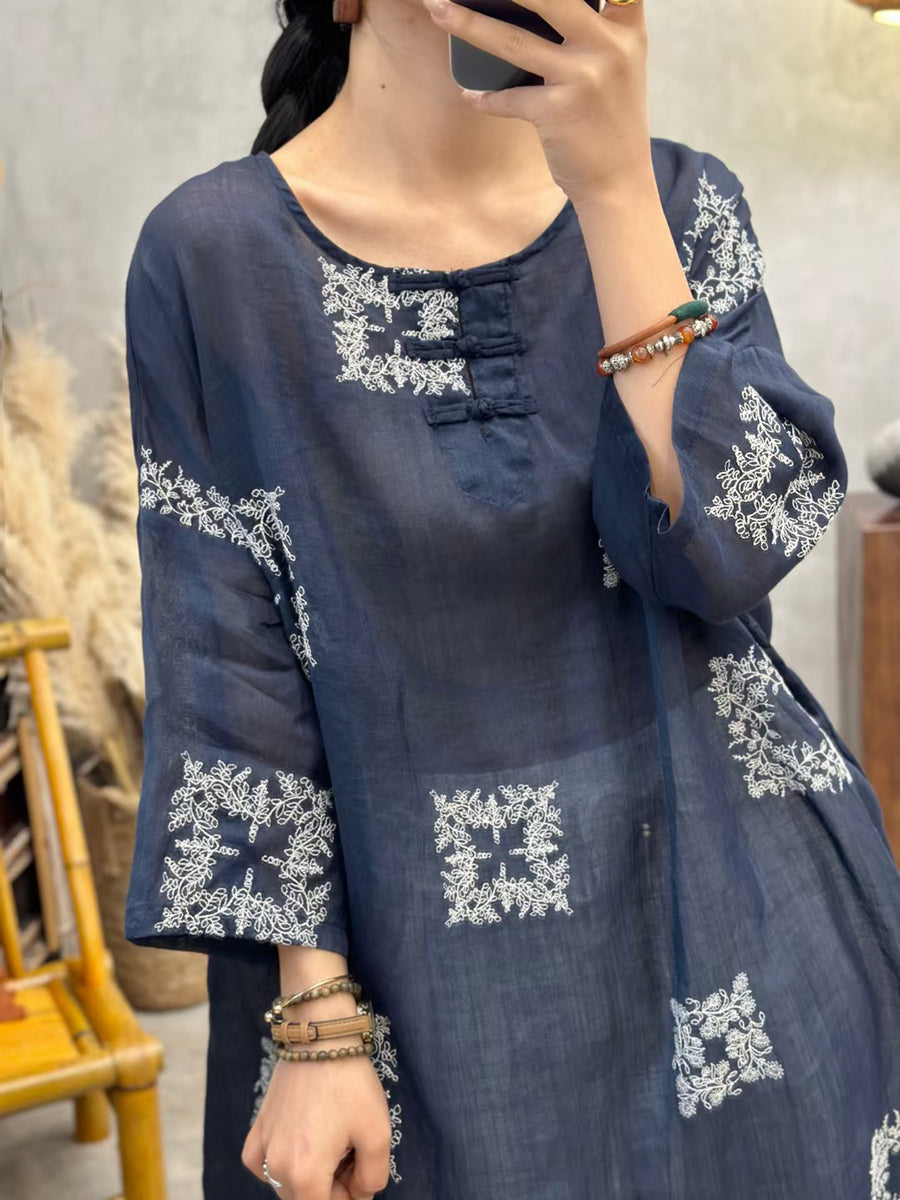 Women Summer Vintage Embroidery Long Ramie Shirt CV1051