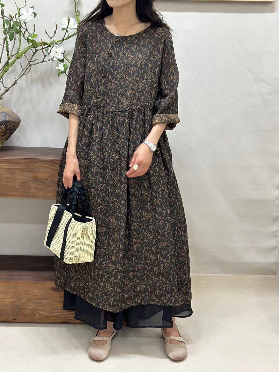 Women Summer Vintage Floral Ramie O-Neck Dress CV1050