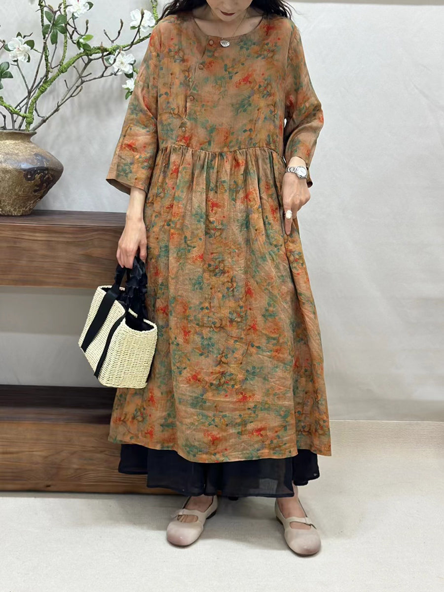 Women Summer Vintage Floral Ramie O-Neck Dress CV1050