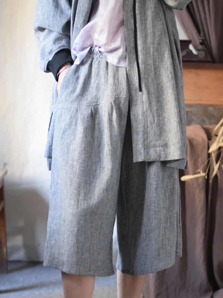 Women Summer Vintage Solid Spliced Linen Wide-leg Pants CV1001