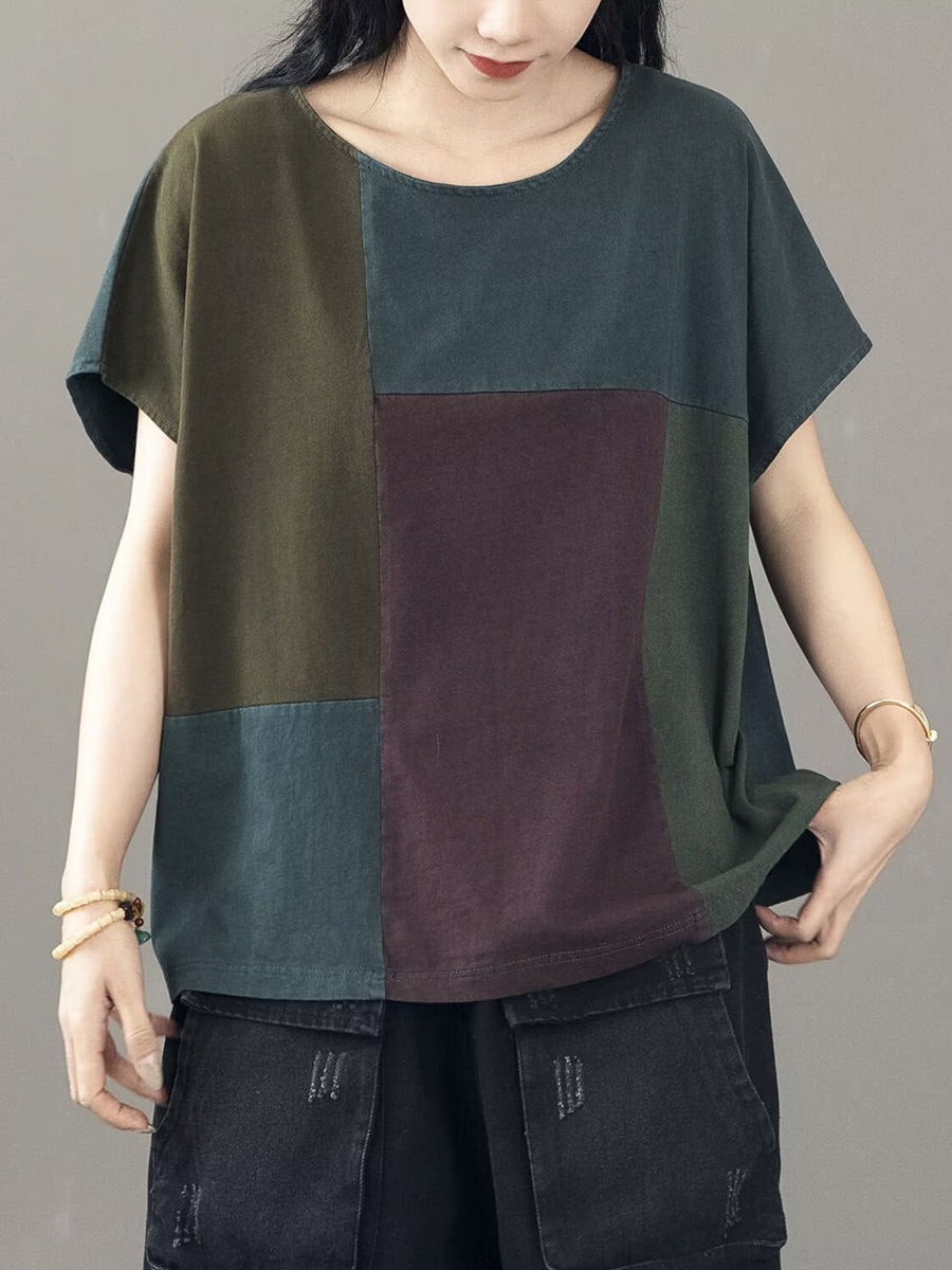 Women Casual Colorblock Cotton Pullover Shirt BN1014