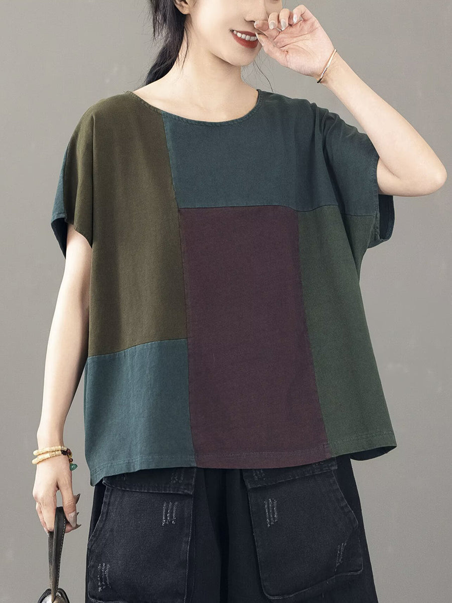 Women Casual Colorblock Cotton Pullover Shirt BN1014