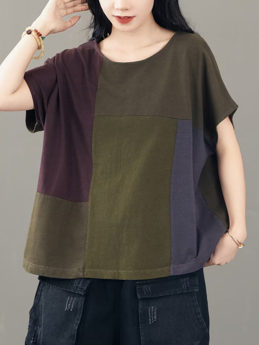 Women Casual Colorblock Cotton Pullover Shirt BN1014