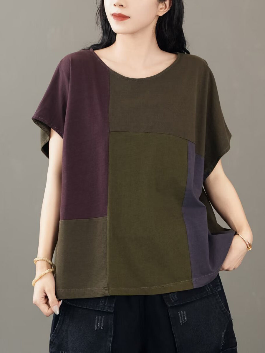 Women Casual Colorblock Cotton Pullover Shirt BN1014