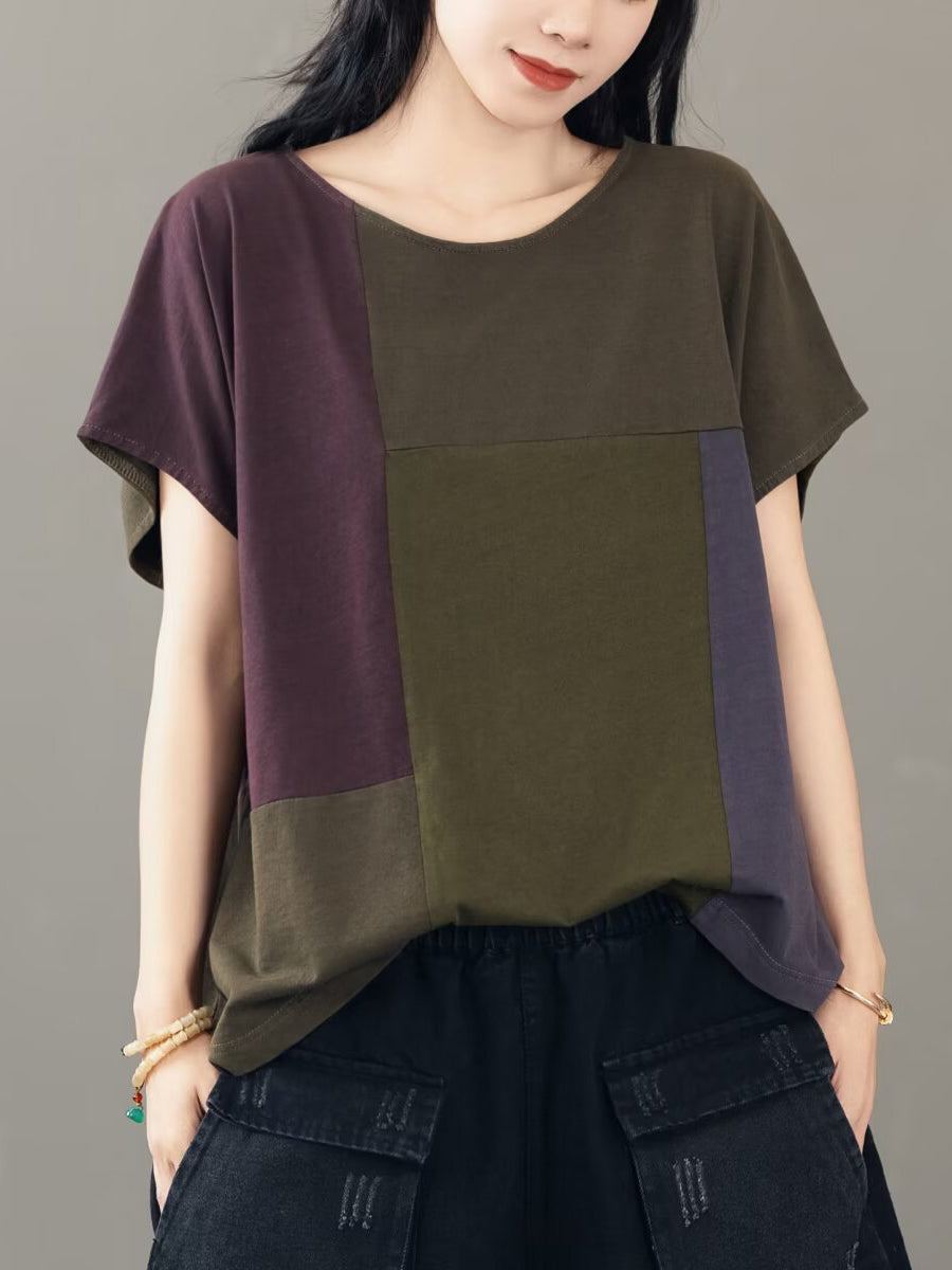 Women Casual Colorblock Cotton Pullover Shirt BN1014