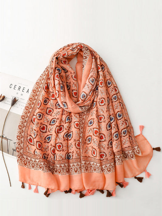 Bohemian Leaf Print Tassel Travel Shawl Scarf CV1021