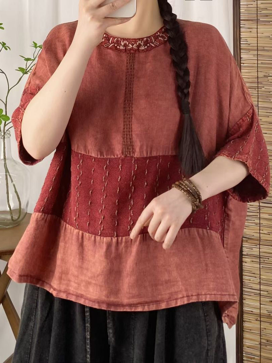 Women Summer Retro Embroidery Colorblock Linen Shirt CV1018