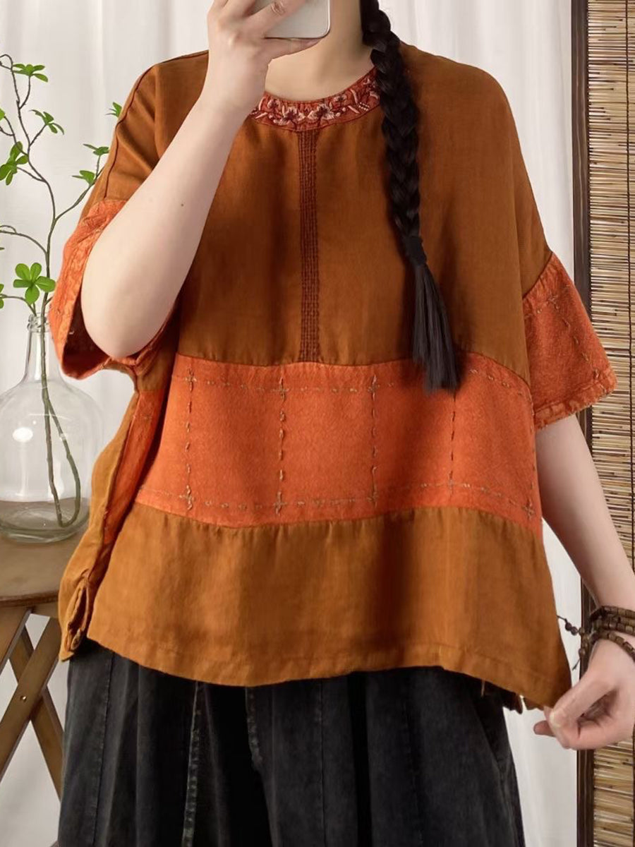 Women Summer Retro Embroidery Colorblock Linen Shirt CV1018