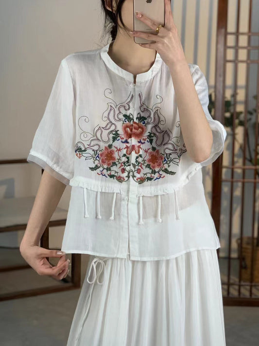 Women Summer Ethnic Flower Embroidery Button-up Ramie Shirt CV1020