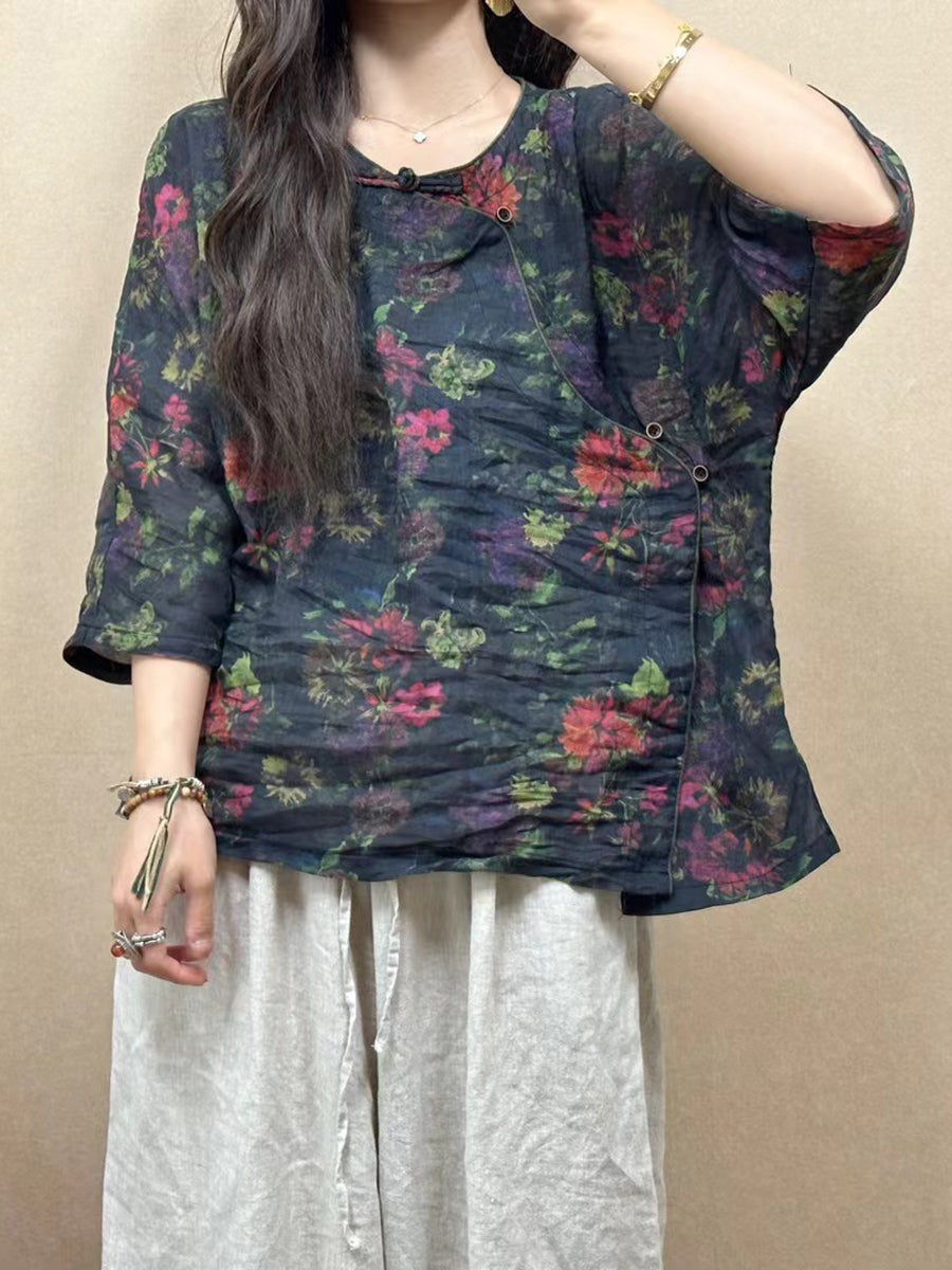 Women Summer Vintage Floral Slant Closure Ramie Shirt CV1005