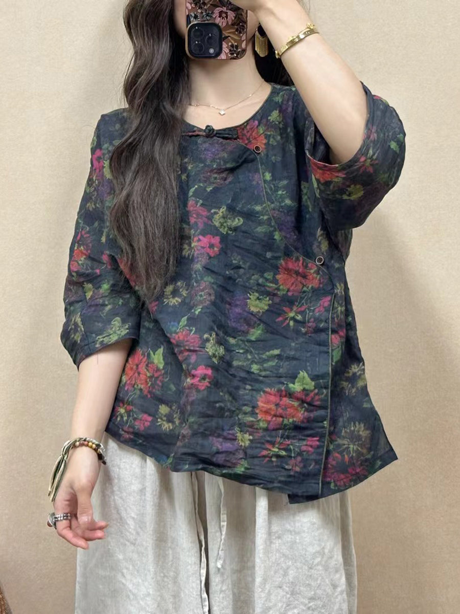 Women Summer Vintage Floral Slant Closure Ramie Shirt CV1005