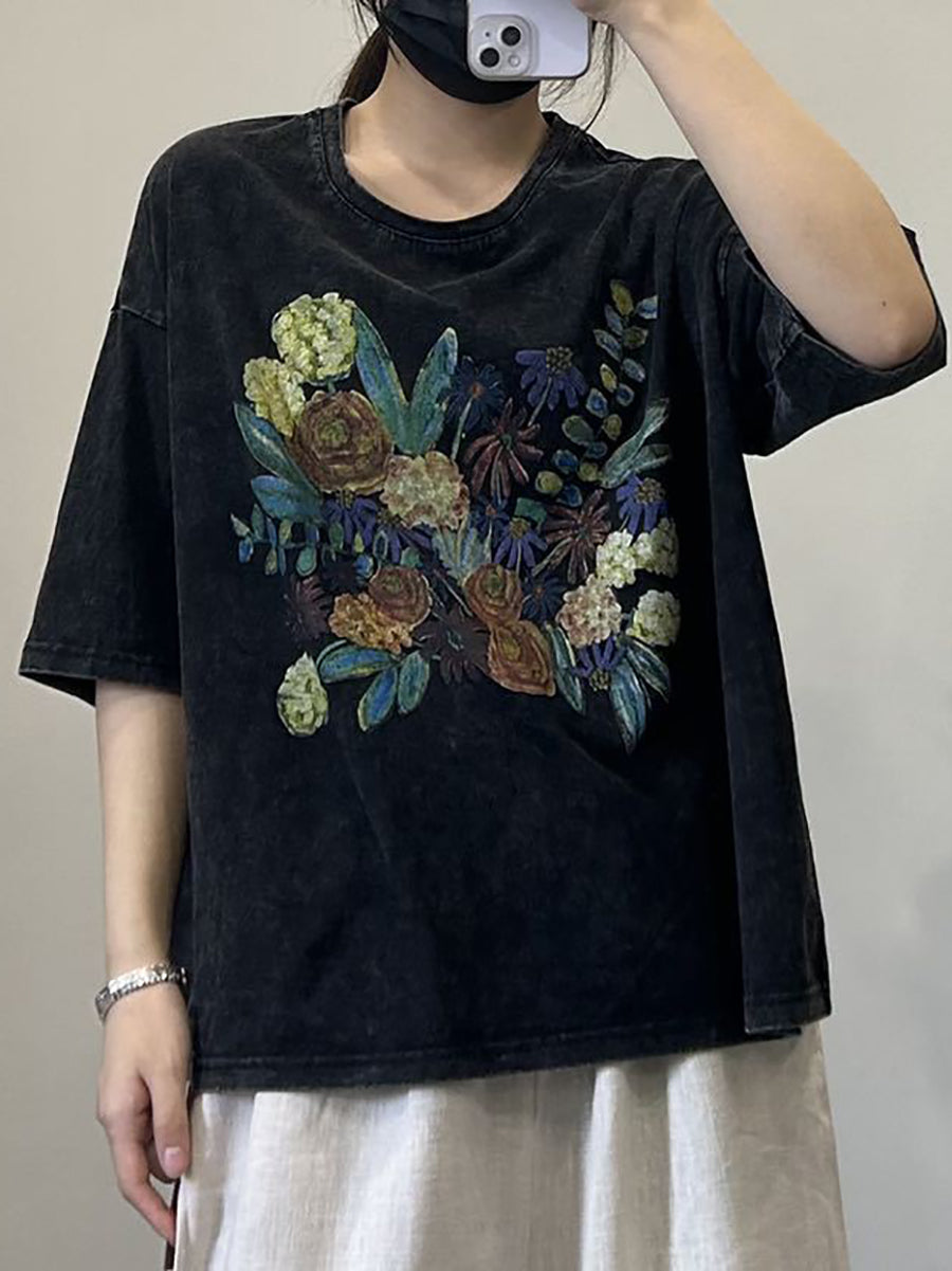 Women Casual Flower Summer Cotton Pullover Shirt OP1050