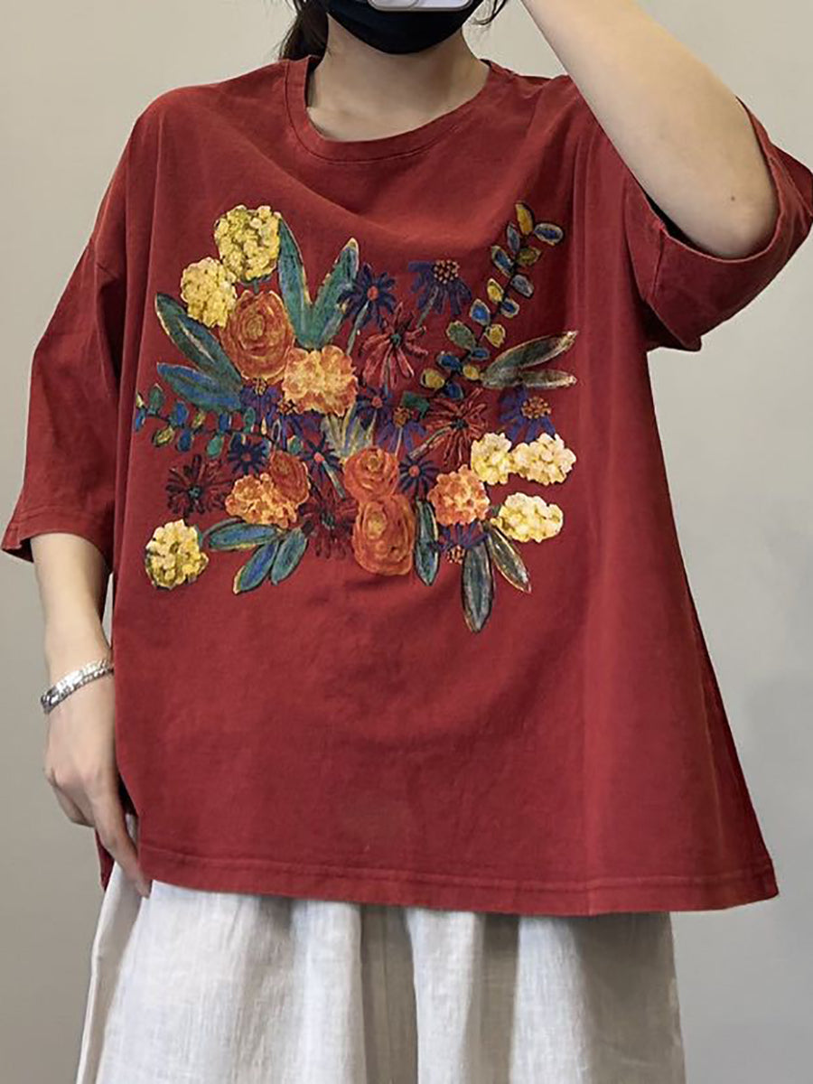 Women Casual Flower Summer Cotton Pullover Shirt OP1050