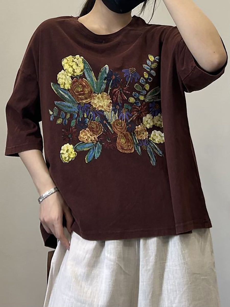 Women Casual Flower Summer Cotton Pullover Shirt OP1050