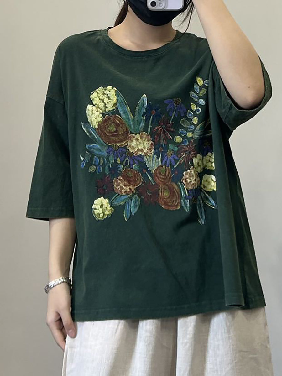 Women Casual Flower Summer Cotton Pullover Shirt OP1050