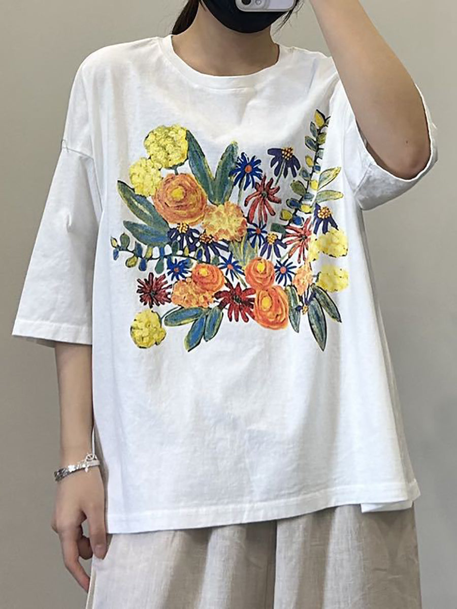 Women Casual Flower Summer Cotton Pullover Shirt OP1050