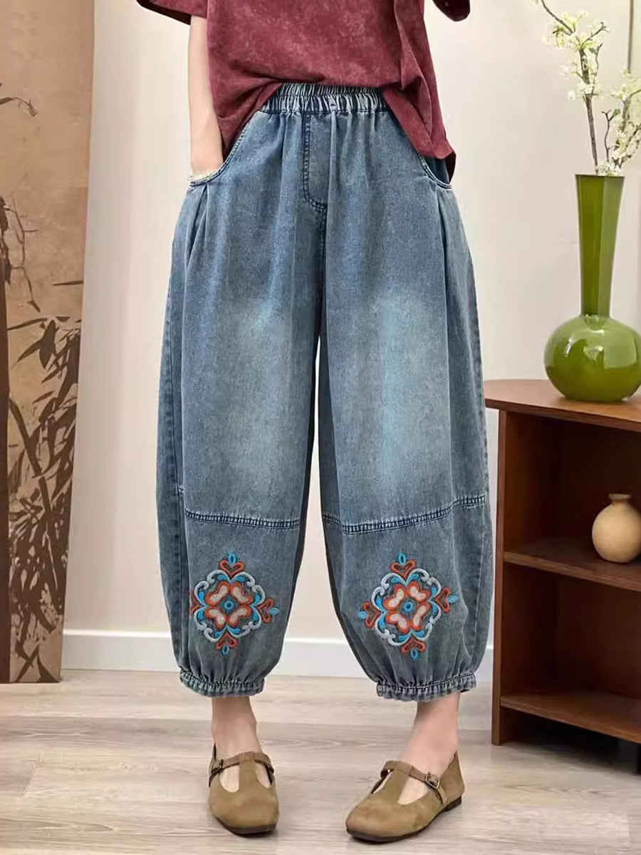 Women Summer Vintage Floral Embroidery Denim Pants OP1037