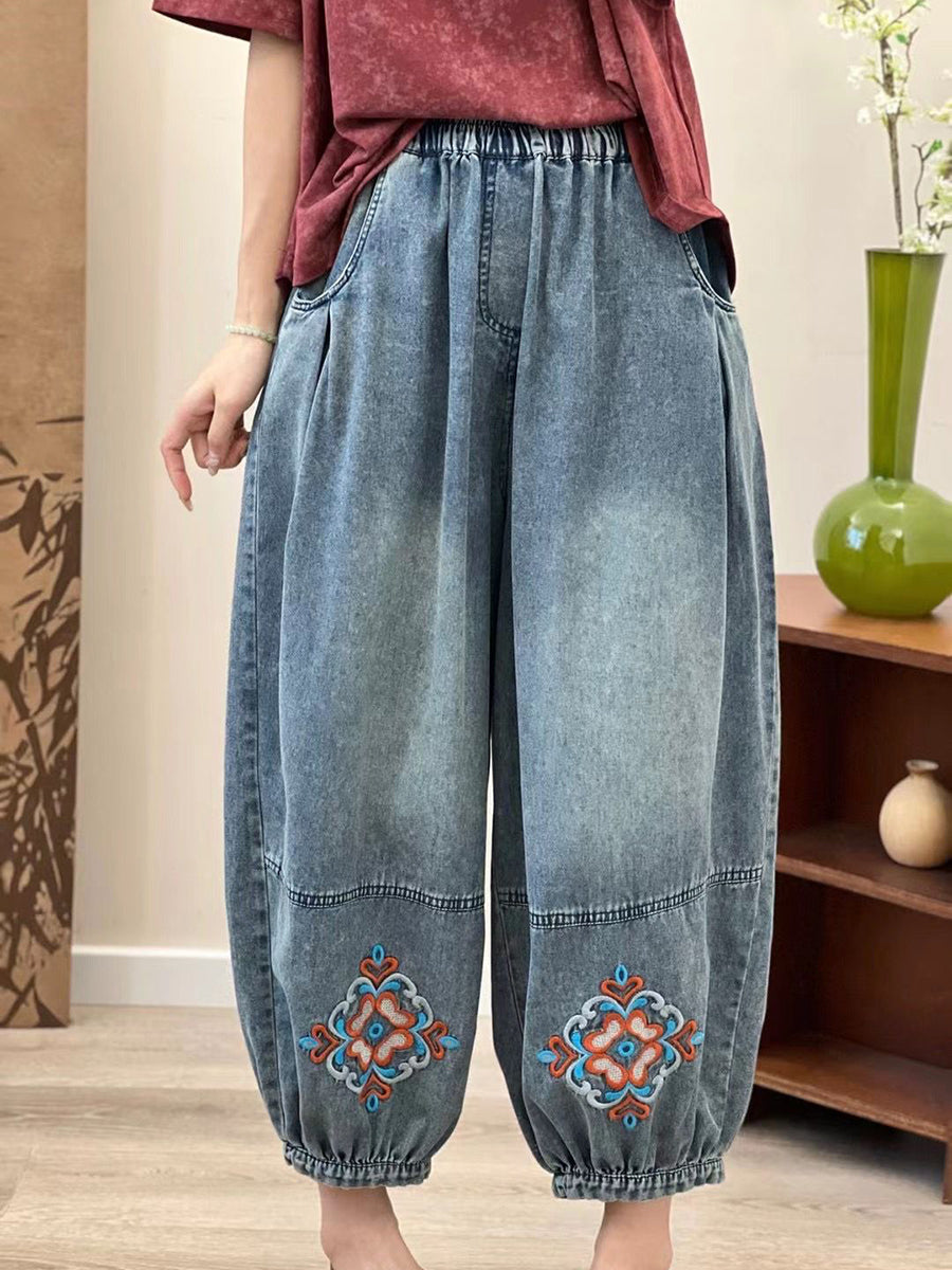 Women Summer Vintage Floral Embroidery Denim Pants OP1037