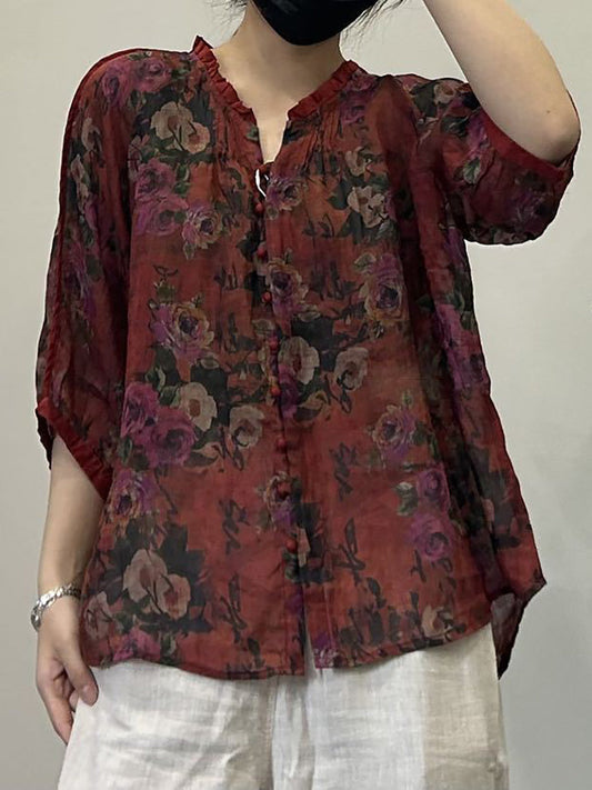 Chemise d'été en ramie à col en V et boutons pour femme OP1054