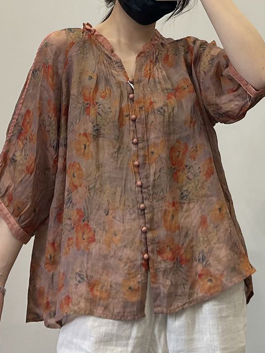 Women Summer Vintage Flower Button-Up V-Neck Ramie Shirt OP1054