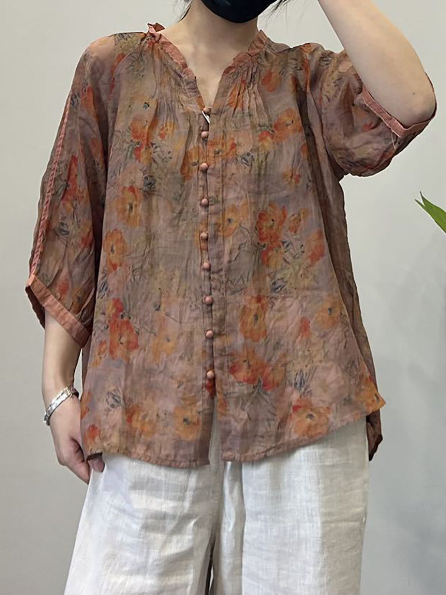 Women Summer Vintage Flower Button-Up V-Neck Ramie Shirt OP1054