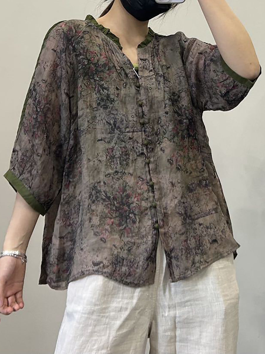 Women Summer Vintage Flower Button-Up V-Neck Ramie Shirt OP1054