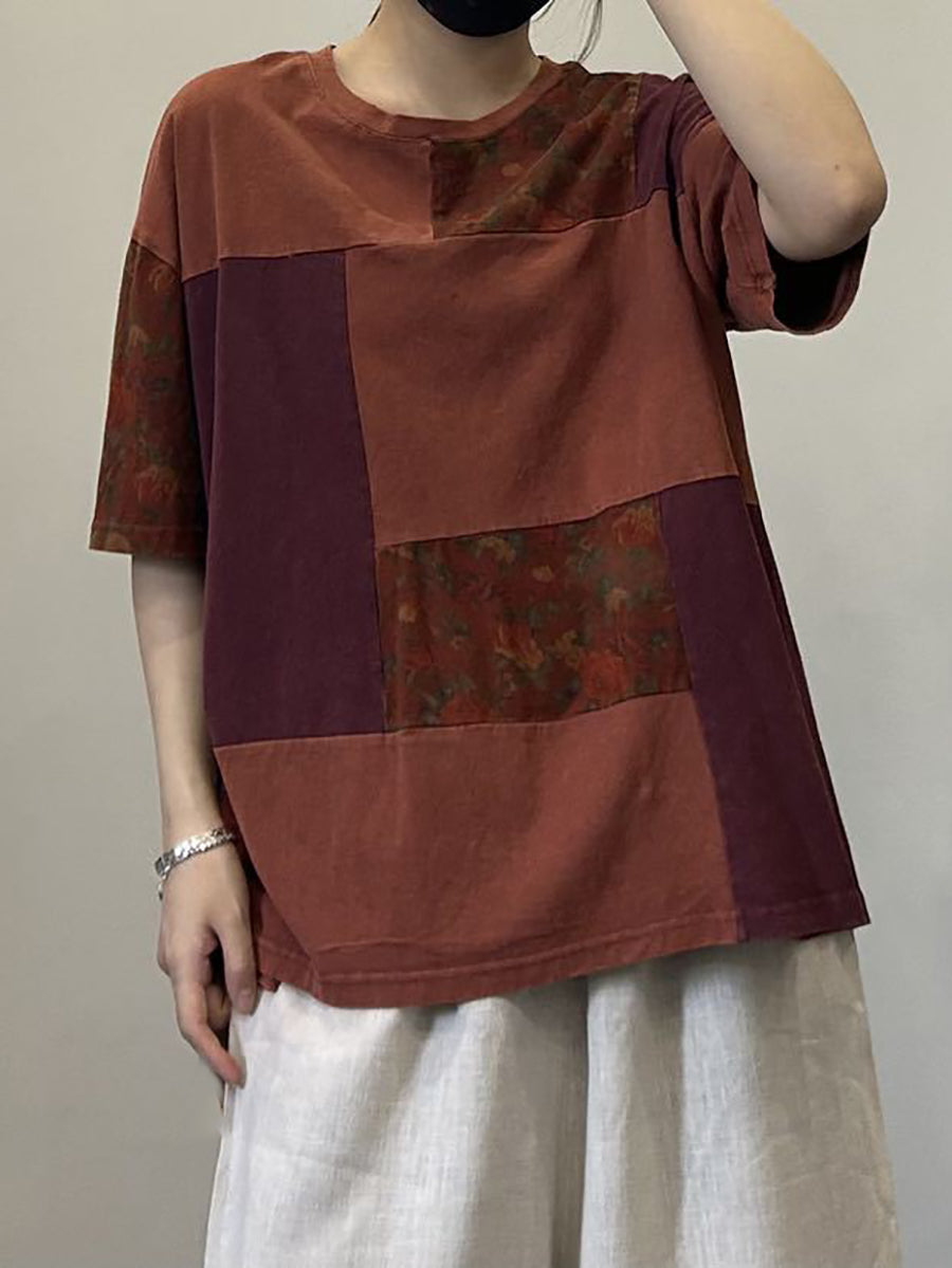 Women Summer Artsy Patch Spliced Cotton Pullover Shirt OP1053