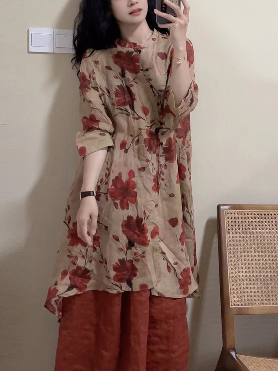 Women Summer Vintage Floral Button-up Linen Long Shirt OP1034