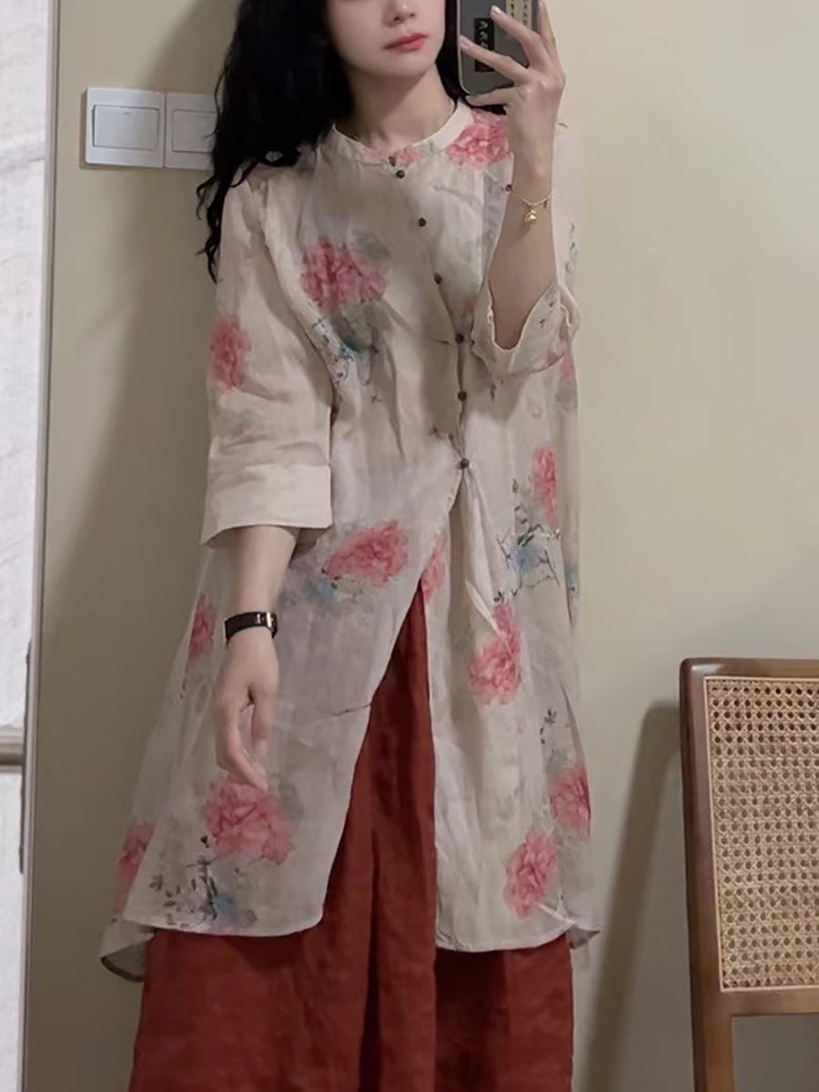 Women Summer Vintage Floral Button-up Linen Long Shirt OP1034