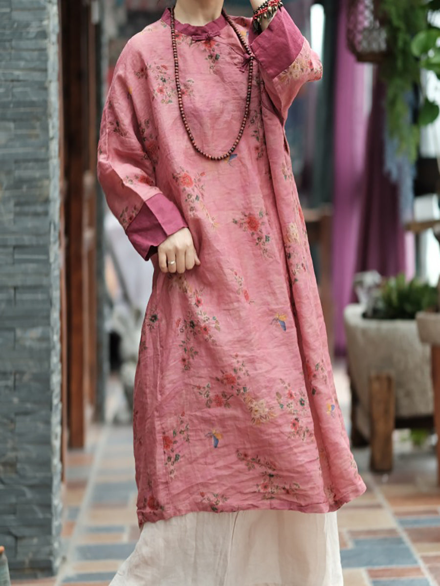 Women Summer Ethnic Floral Spliced 100%Ramie Dress RR1001