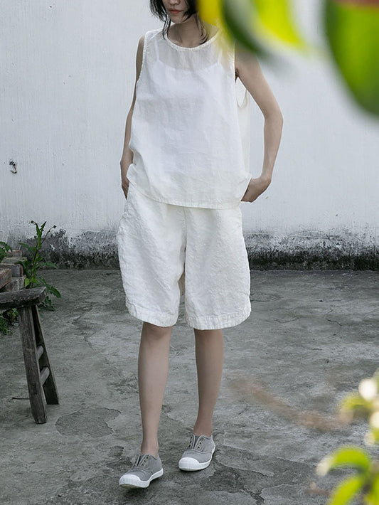 Women Summer Casual Thin Solid Linen Shorts RR1004