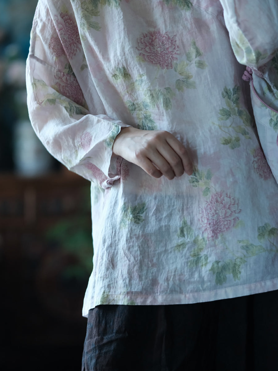 Women Summer Vintage Flower Starp 100%Ramie Shirt RR1005