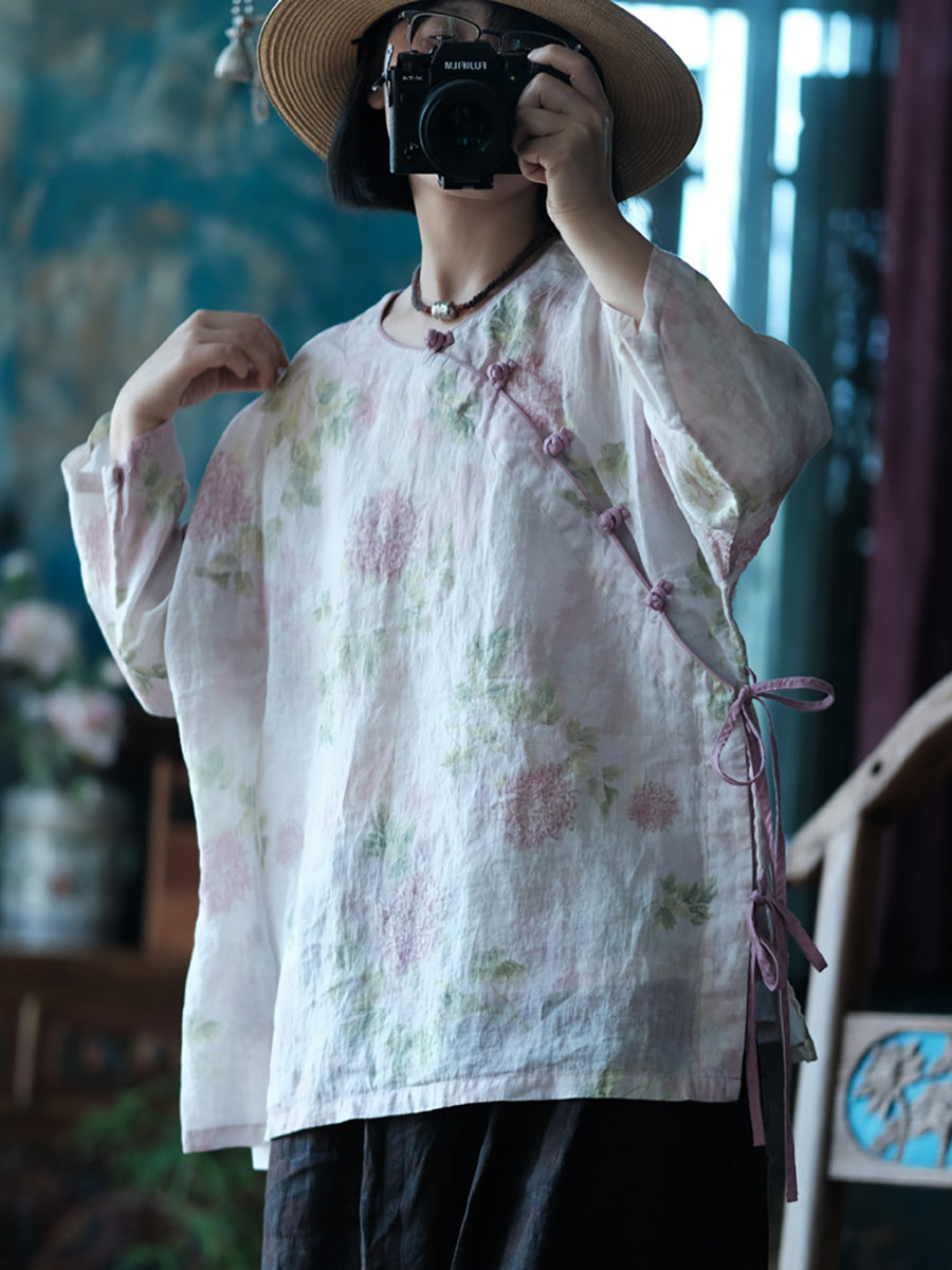 Women Summer Vintage Flower Starp 100%Ramie Shirt RR1005