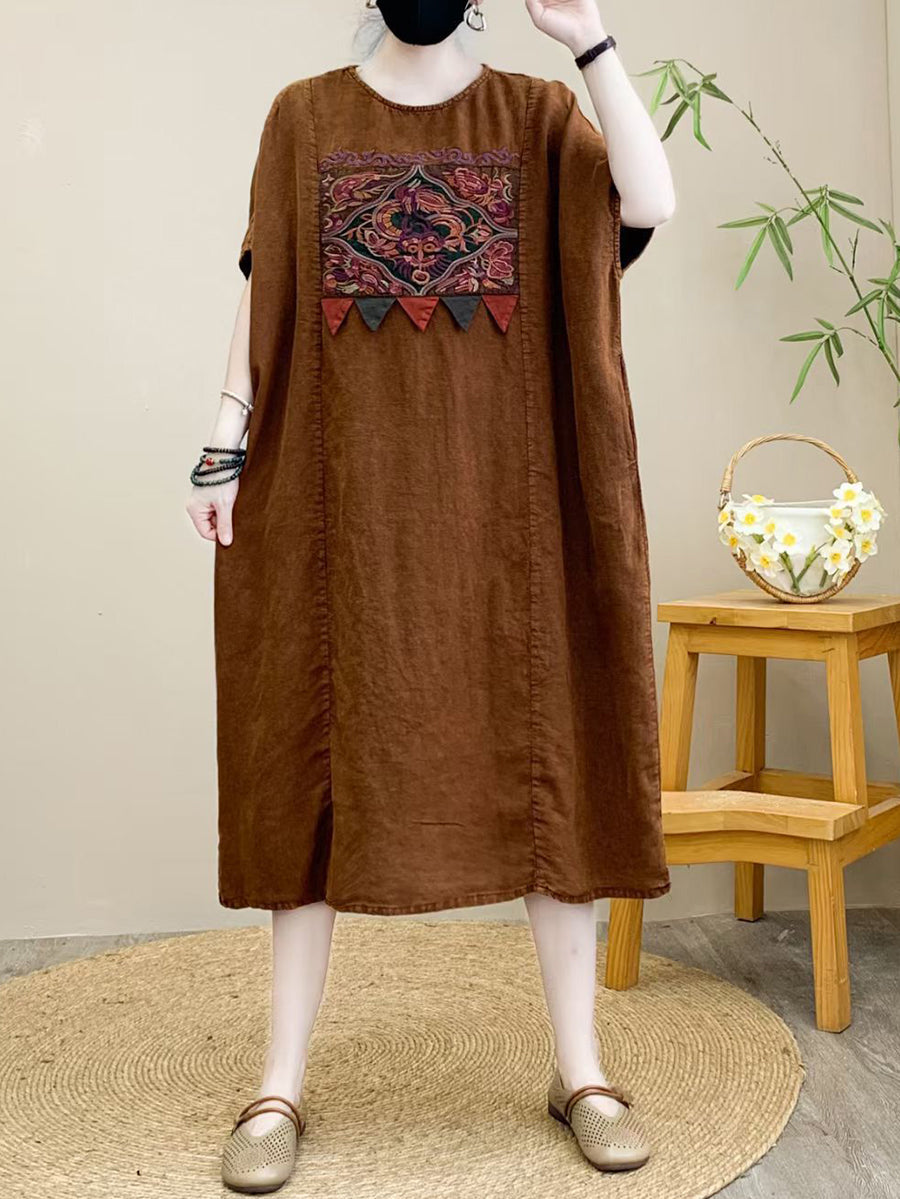 Women Summer Retro Spliced Embroidery Linen Loose Dress RR1009