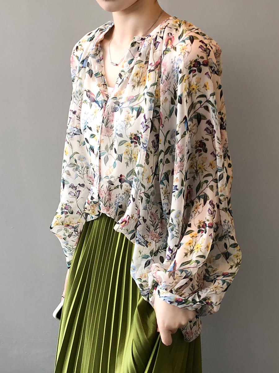 Women Artsy Spring Floral V-Neck Loose Shirt RR1006