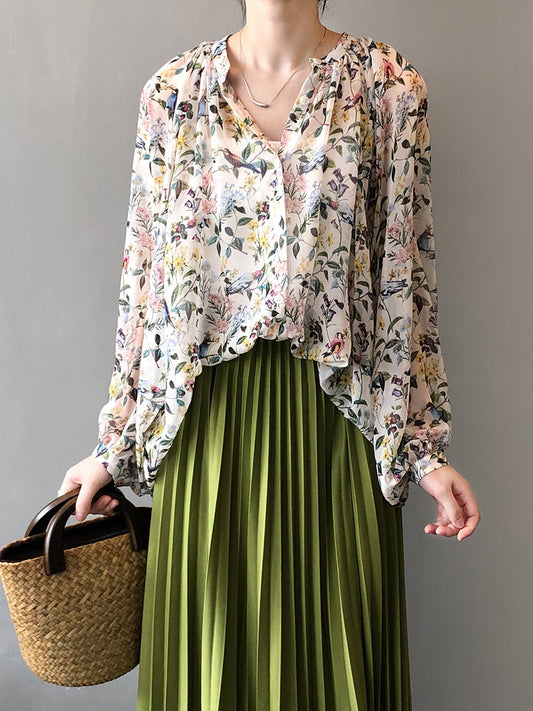 Women Artsy Spring Floral V-Neck Loose Shirt RR1006