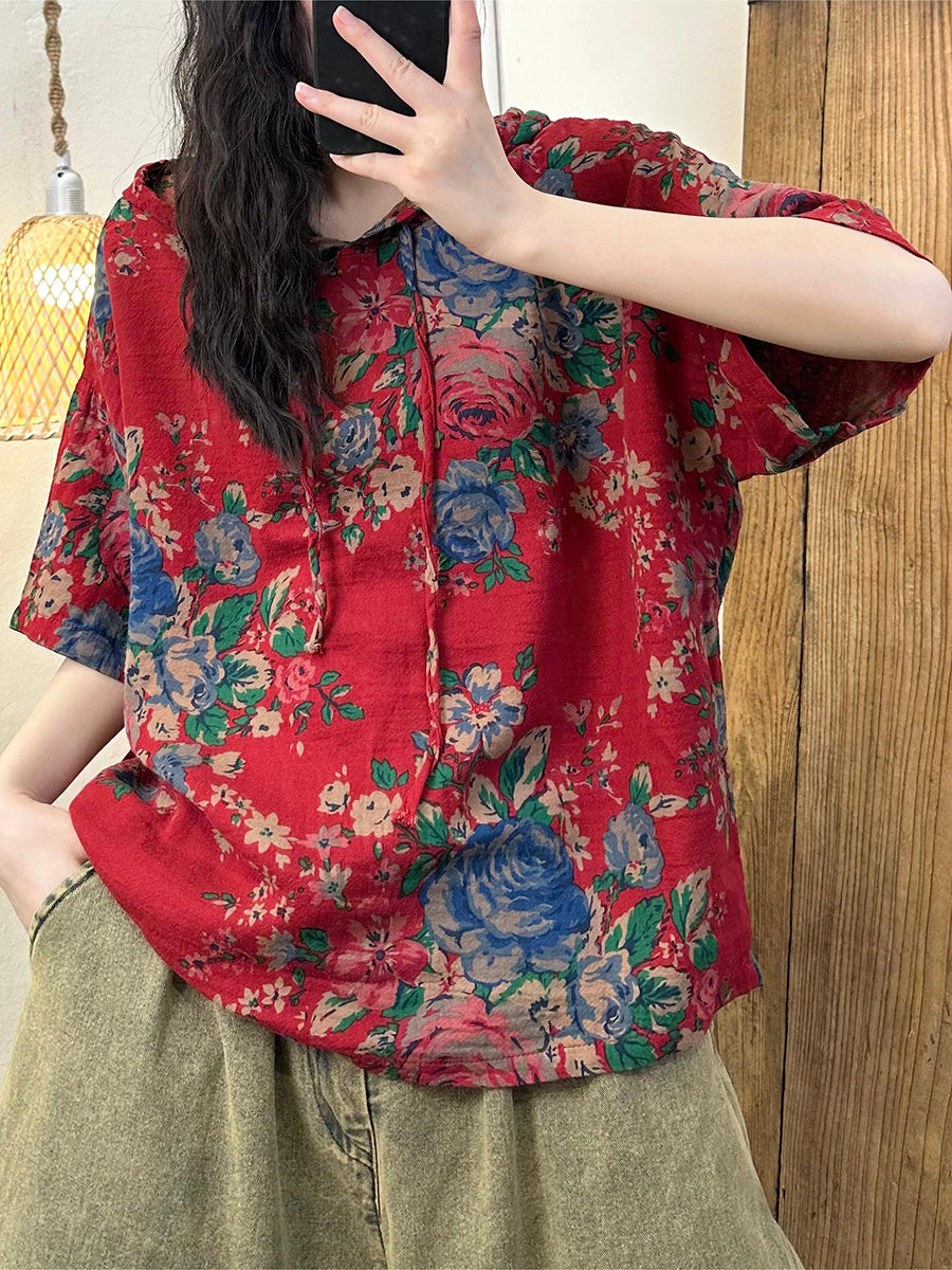 Plus Size Women Summer Retro Print Cotton Hooded Shirt RR1027