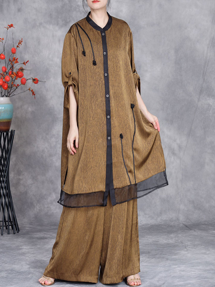 Women Summer Artsy Spliced Loose Button-up Shirt+Pants OP1005