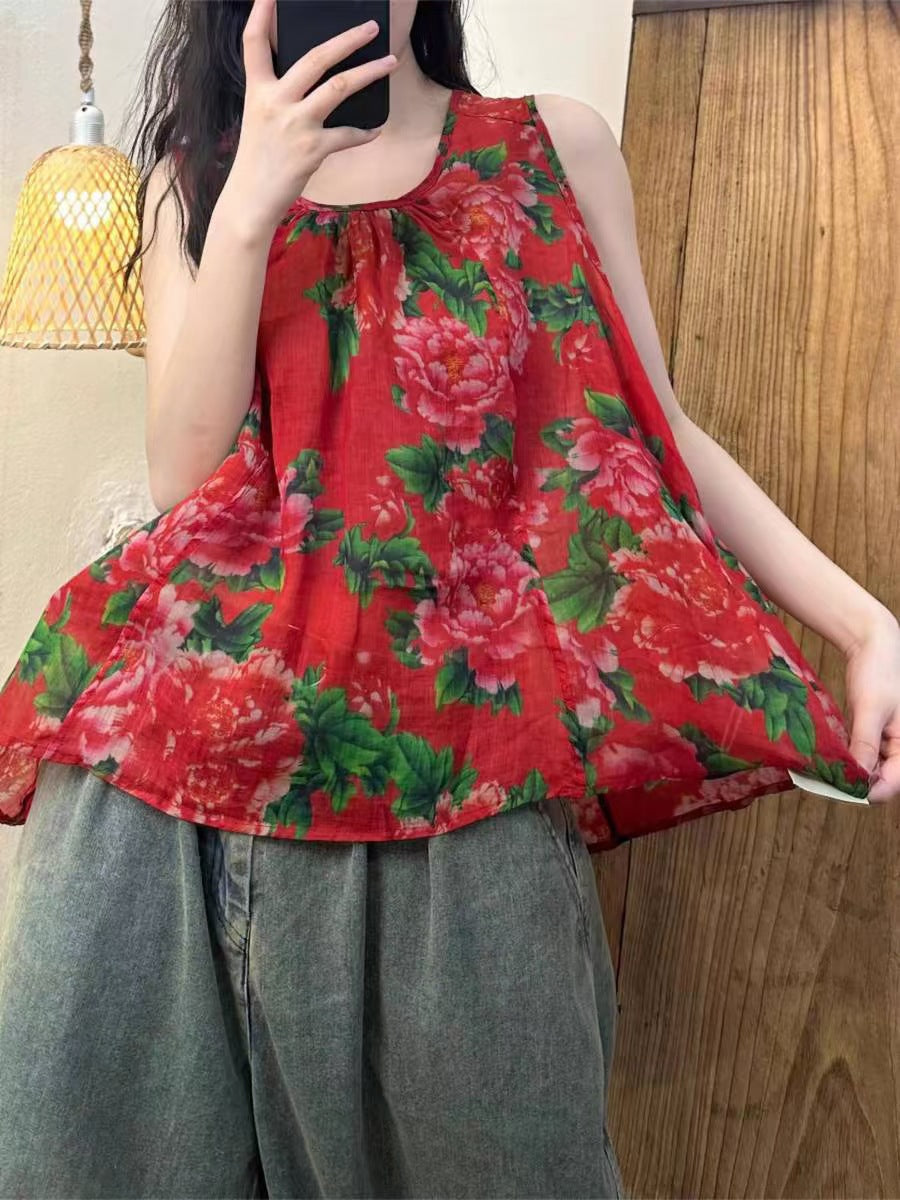 Women Summer Artsy Flower Button Loose Ramie Vest OP1004