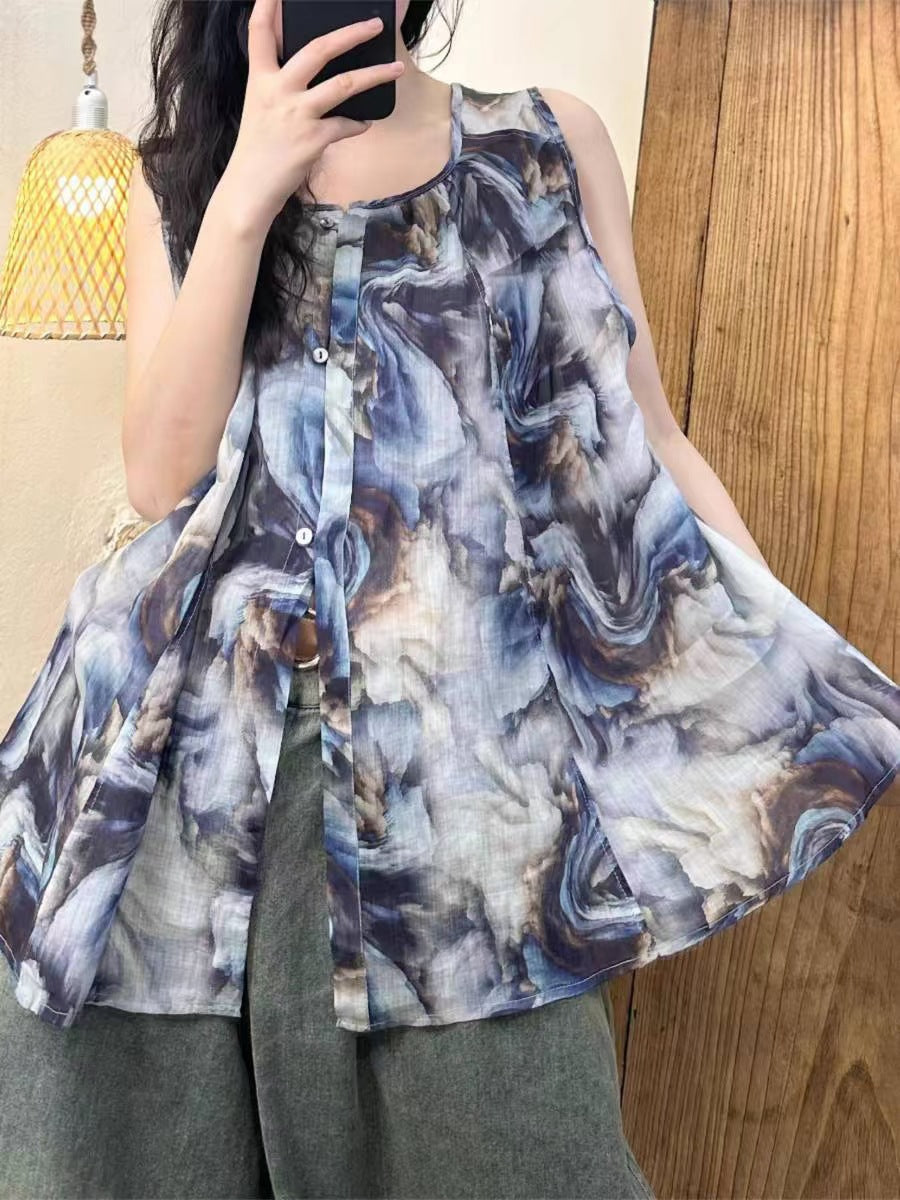 Women Summer Artsy Flower Button Loose Ramie Vest OP1004